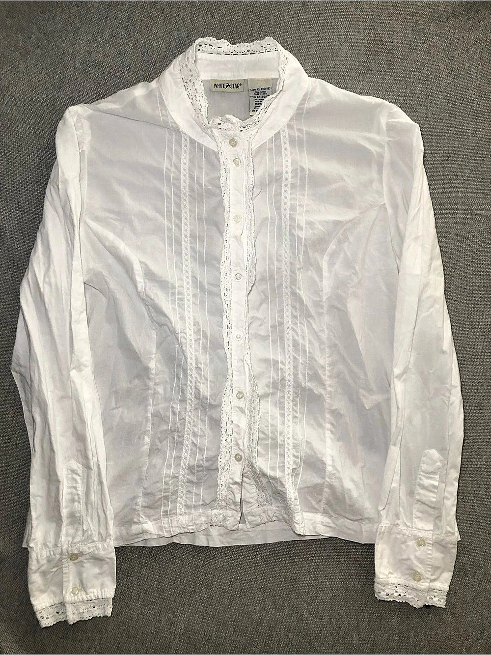 White Stag Button Down Blouse XL Lace Trim Pintuck Embroidered Cotton